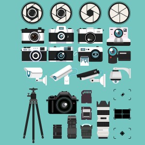 طرح لایه باز آیکن دوربین عکاسی و تجهیزات آن