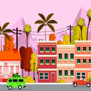 طرح لایه باز وکتور ساختمان های شهری و درختان