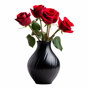 عکس شاخه گل رز قرمز رنگ در گلدان سفالی سیاه رنگ