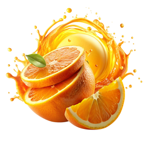عکس png پرتقال برش خورده و آب پرتقال اطراف آن