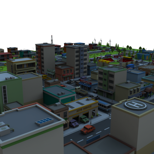 مدل سه بعدی شهر ساختمان ها ، جاده و ماشین ها